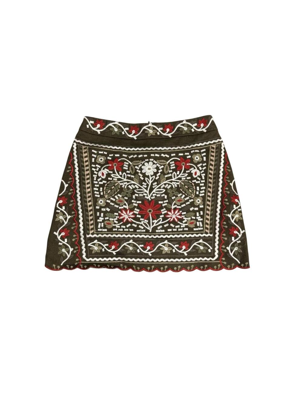 Blue Rain Womens XS Olive Green Embroidered Mini Skirt Boho Floral Folk Women’s - Picture 1 of 3